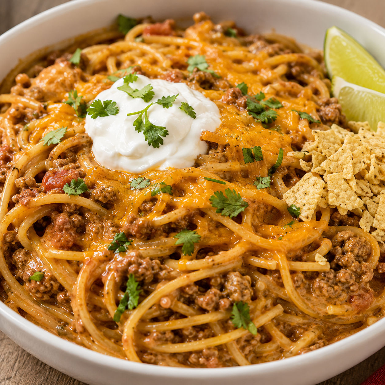 Taco Spaghetti with ground beef, melted cheese, cilantro, and sour cream