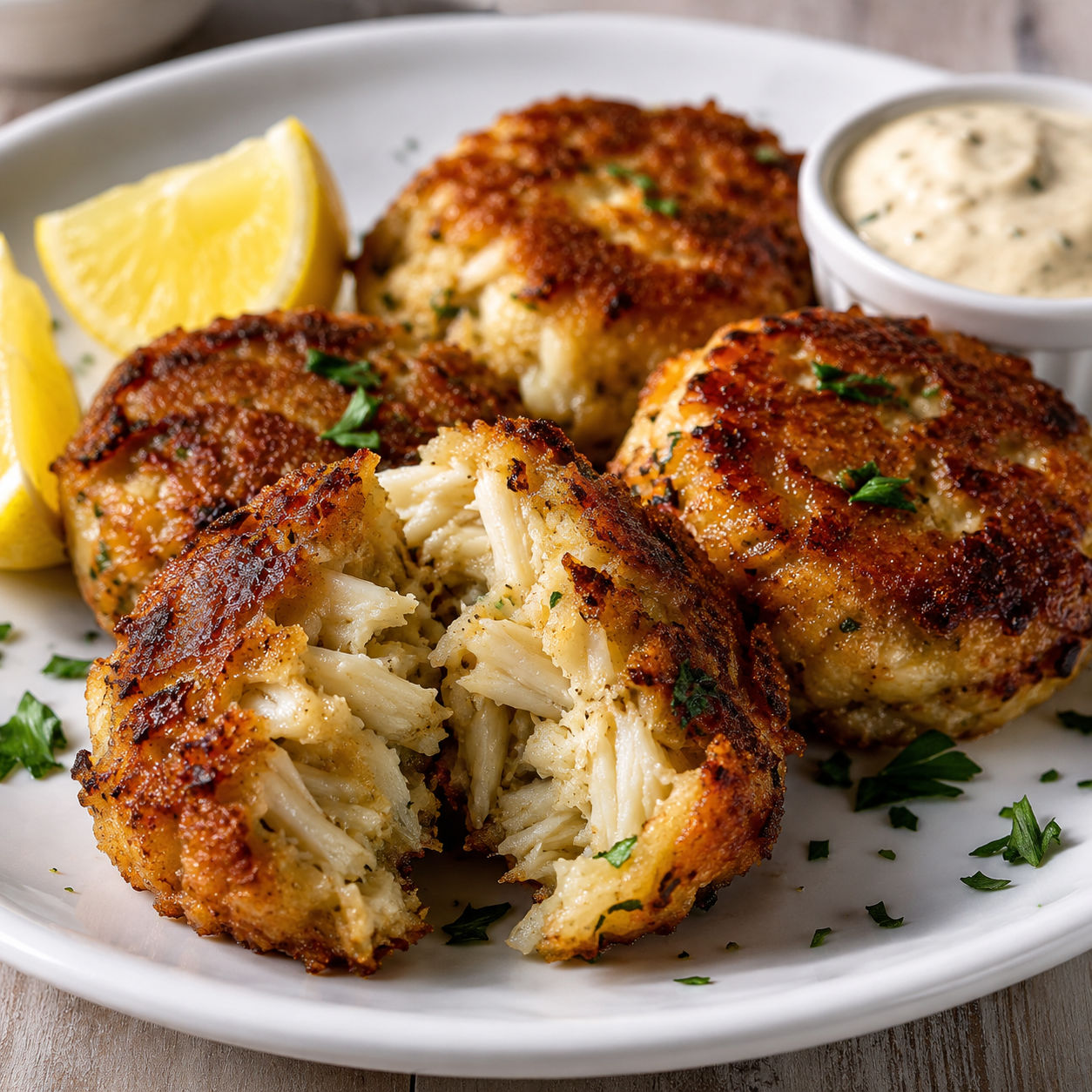 Golden Tangier Island Virginia crab cakes with lemon and remoulade