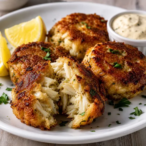 Golden Tangier Island Virginia crab cakes with lemon and remoulade