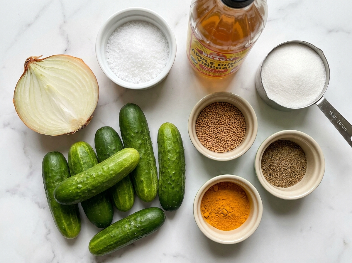 Raw ingredients for tangy bread and butter pickles on a wooden board