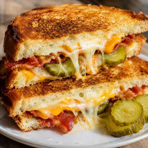 Dill pickle bacon grilled cheese with melted Swiss on sourdough
