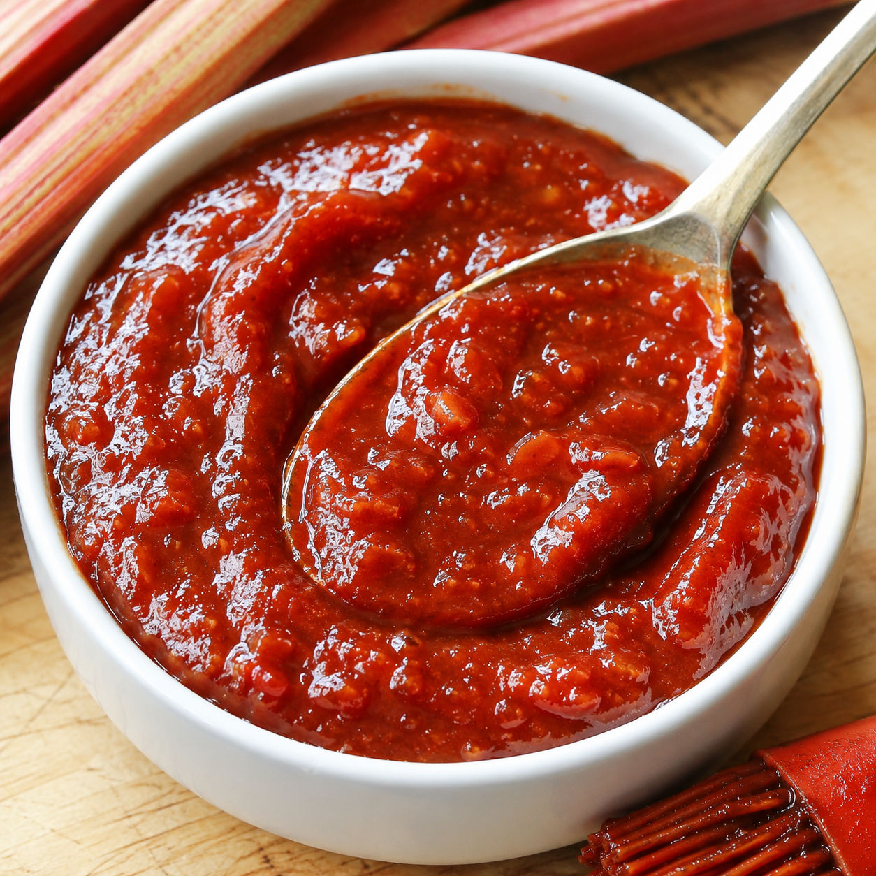 Smoky rhubarb barbecue sauce in a white bowl with rhubarb stalks