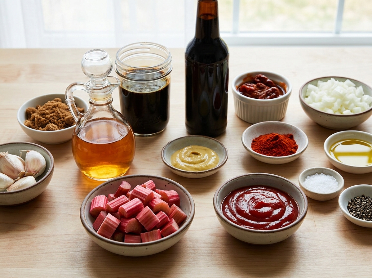 Ingredients for smoky rhubarb barbecue sauce on a wooden surface