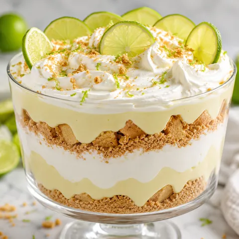 Key lime pie trifle with graham layers, whipped cream, and lime slices