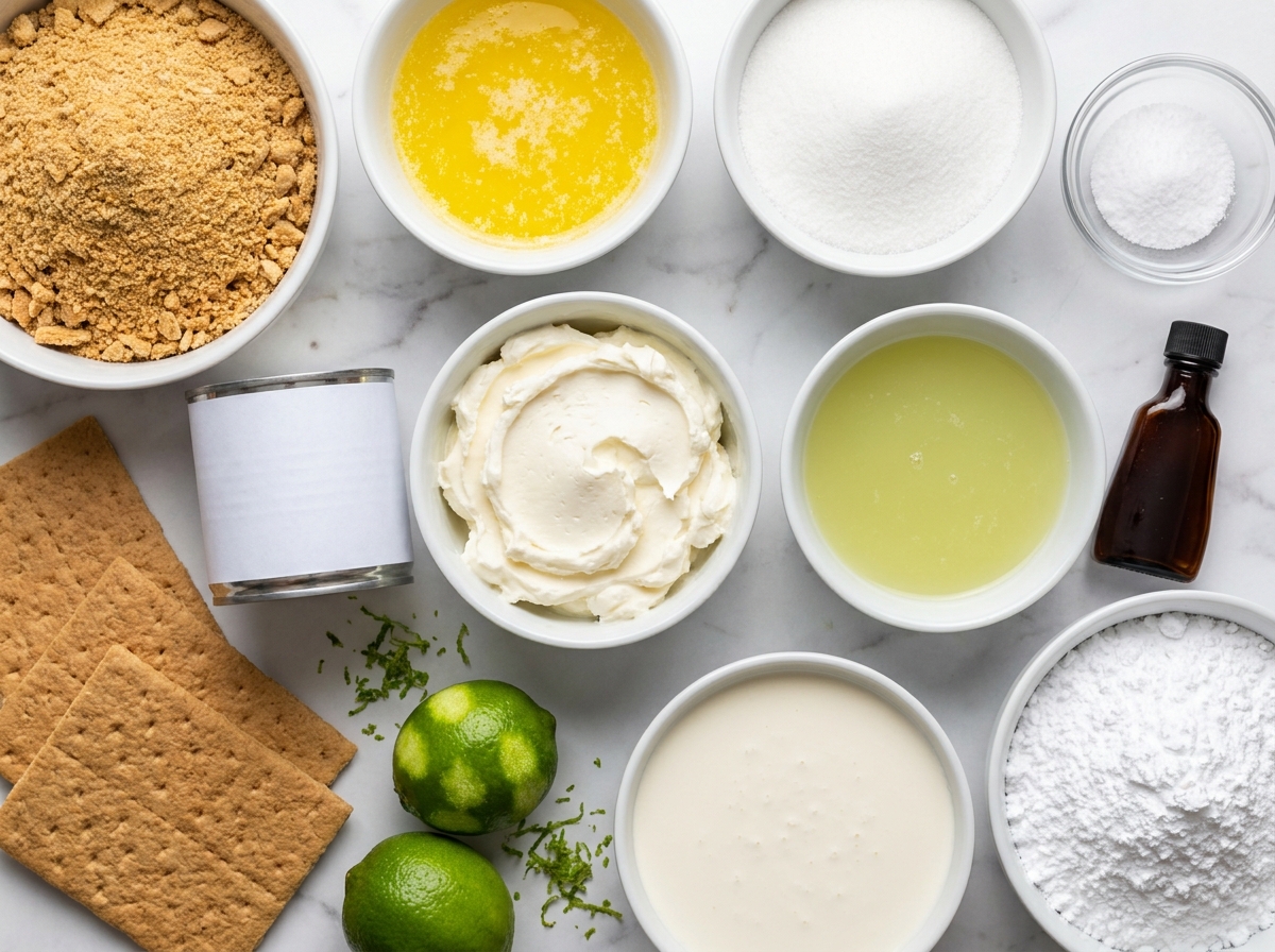 Ingredients for key lime pie trifle with graham crackers and fresh limes