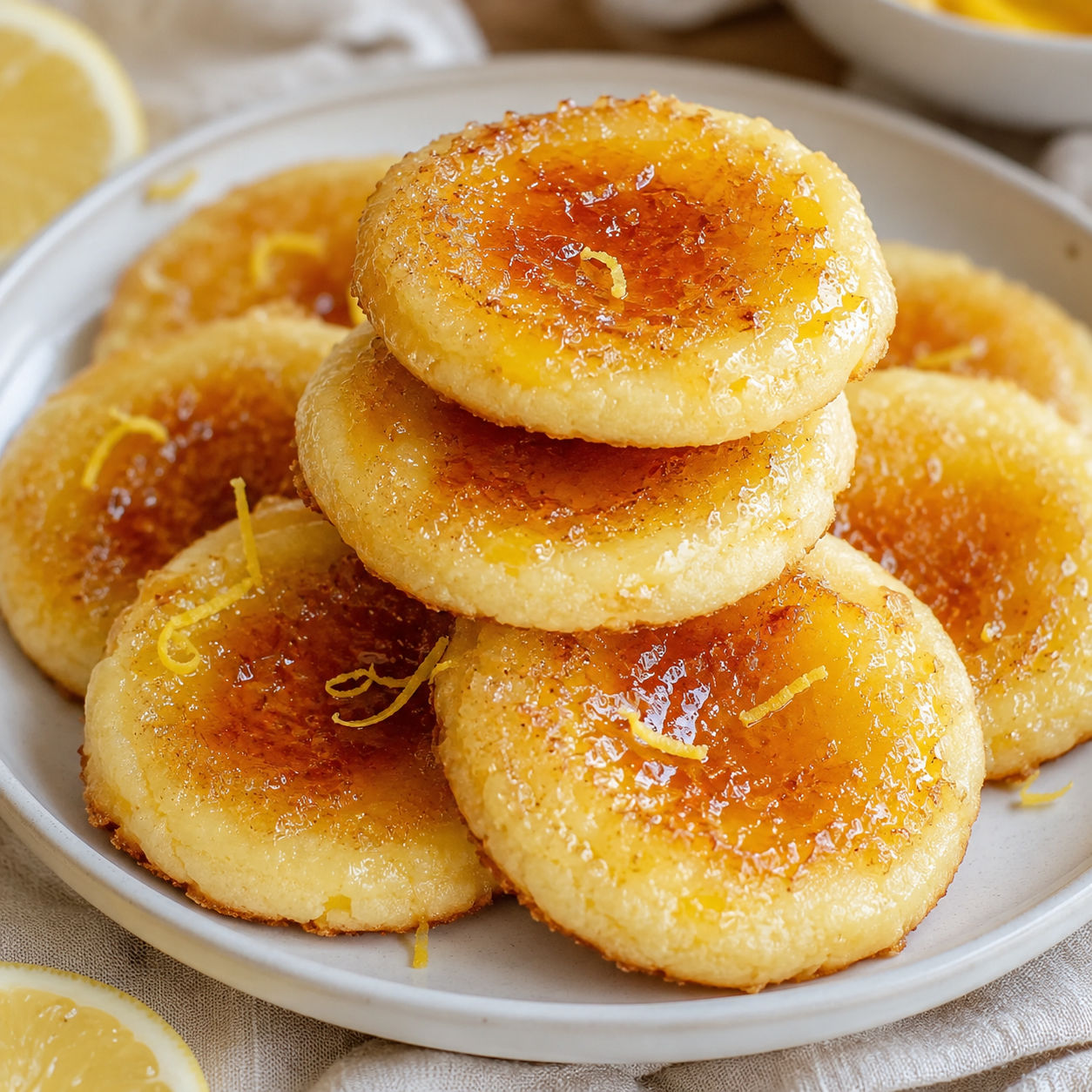Lemon curd brûlée cookies with glossy curd and caramelized sugar tops