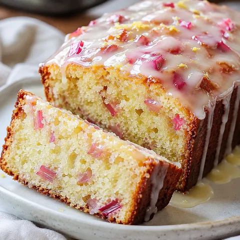 Lemon rhubarb loaf slice with white glaze and pink rhubarb pieces