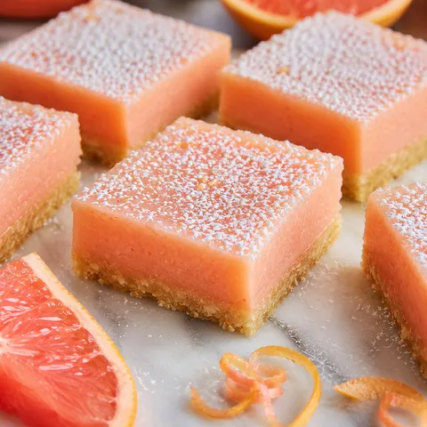 Pink grapefruit dessert bars with powdered sugar on a marble board