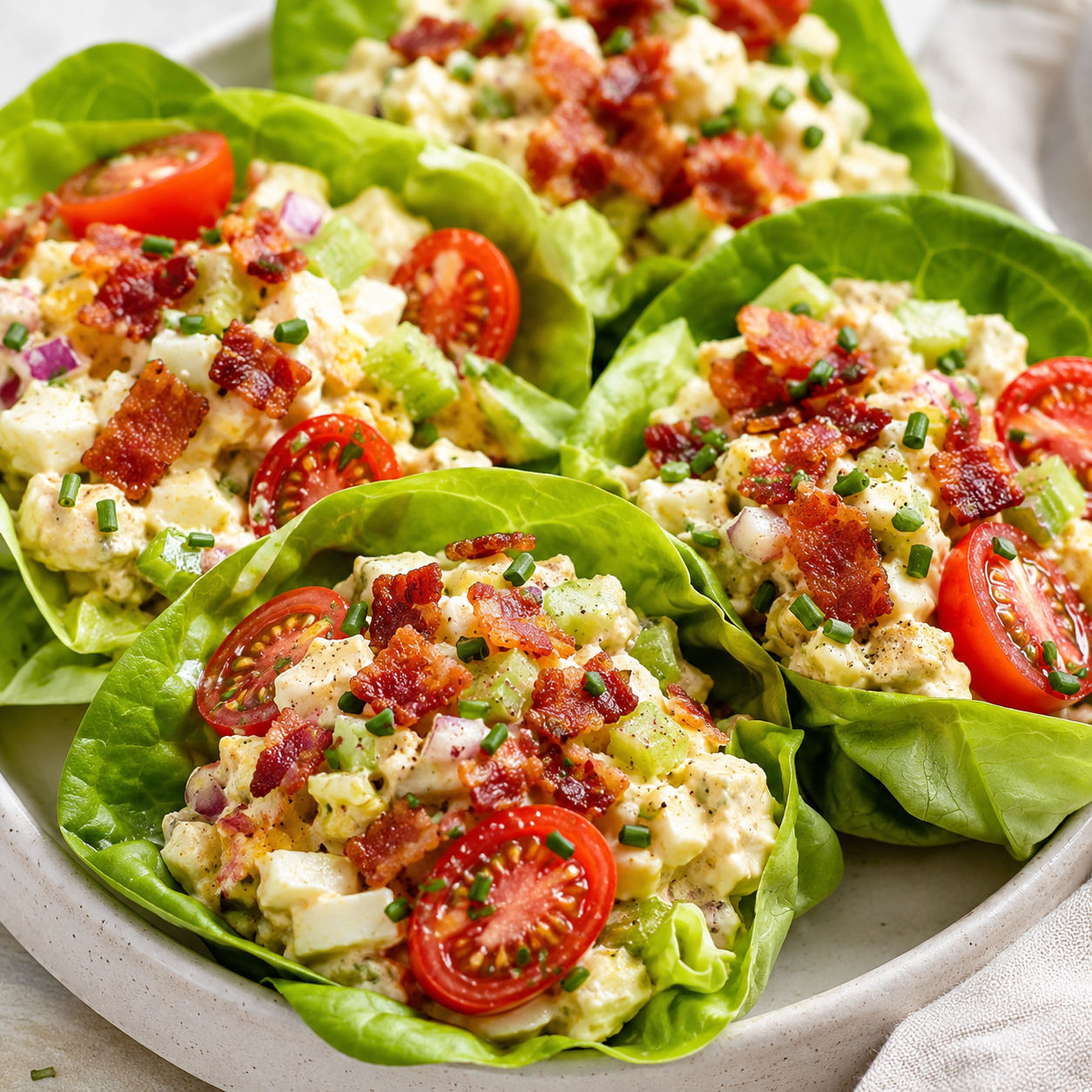 BLT egg salad lettuce wraps with bacon, tomatoes and chives