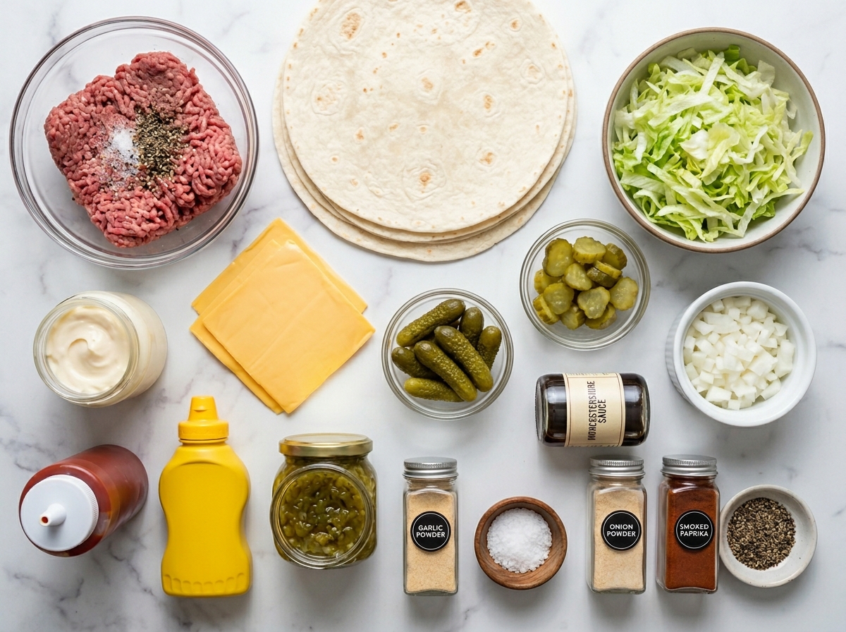 Ingredients for Big Mac wraps with beef, tortillas, lettuce, pickles, and sauce