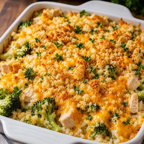 Cheesy chicken broccoli rice casserole with golden cracker topping