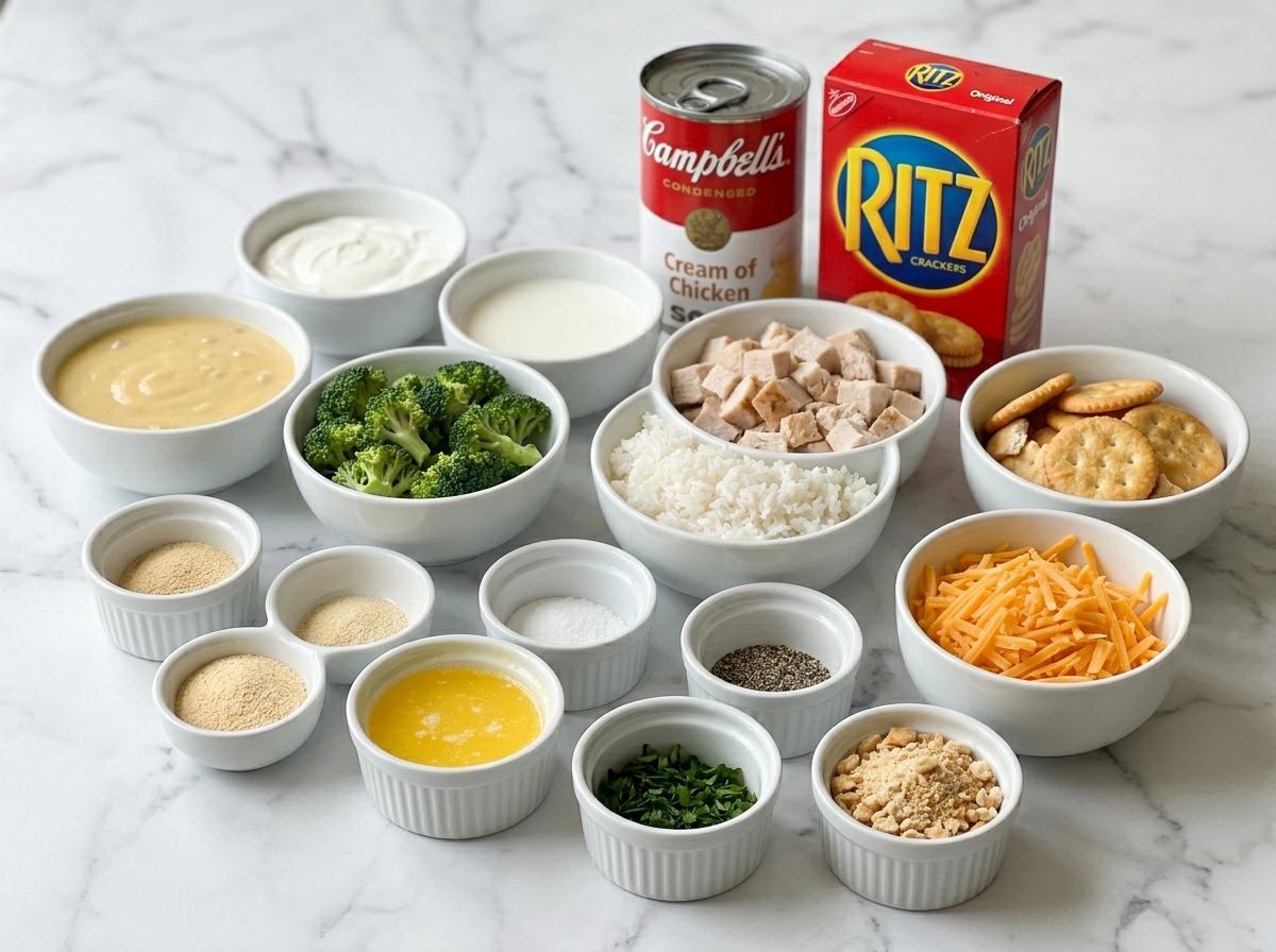 Ingredients for cheesy chicken broccoli rice casserole on a kitchen counter