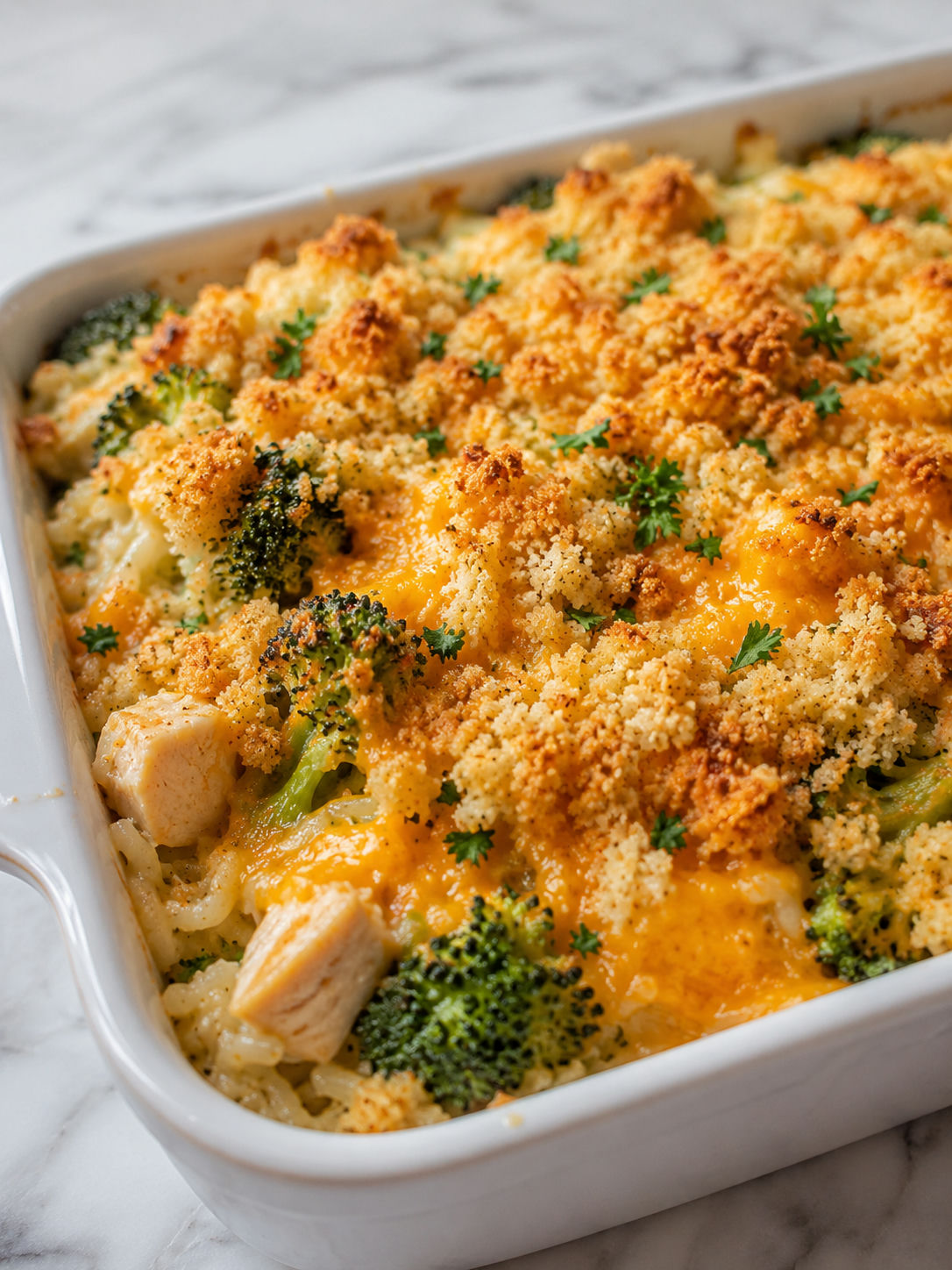 Tasty Broccoli, Rice, Cheese, and Chicken Casserole, plated and served