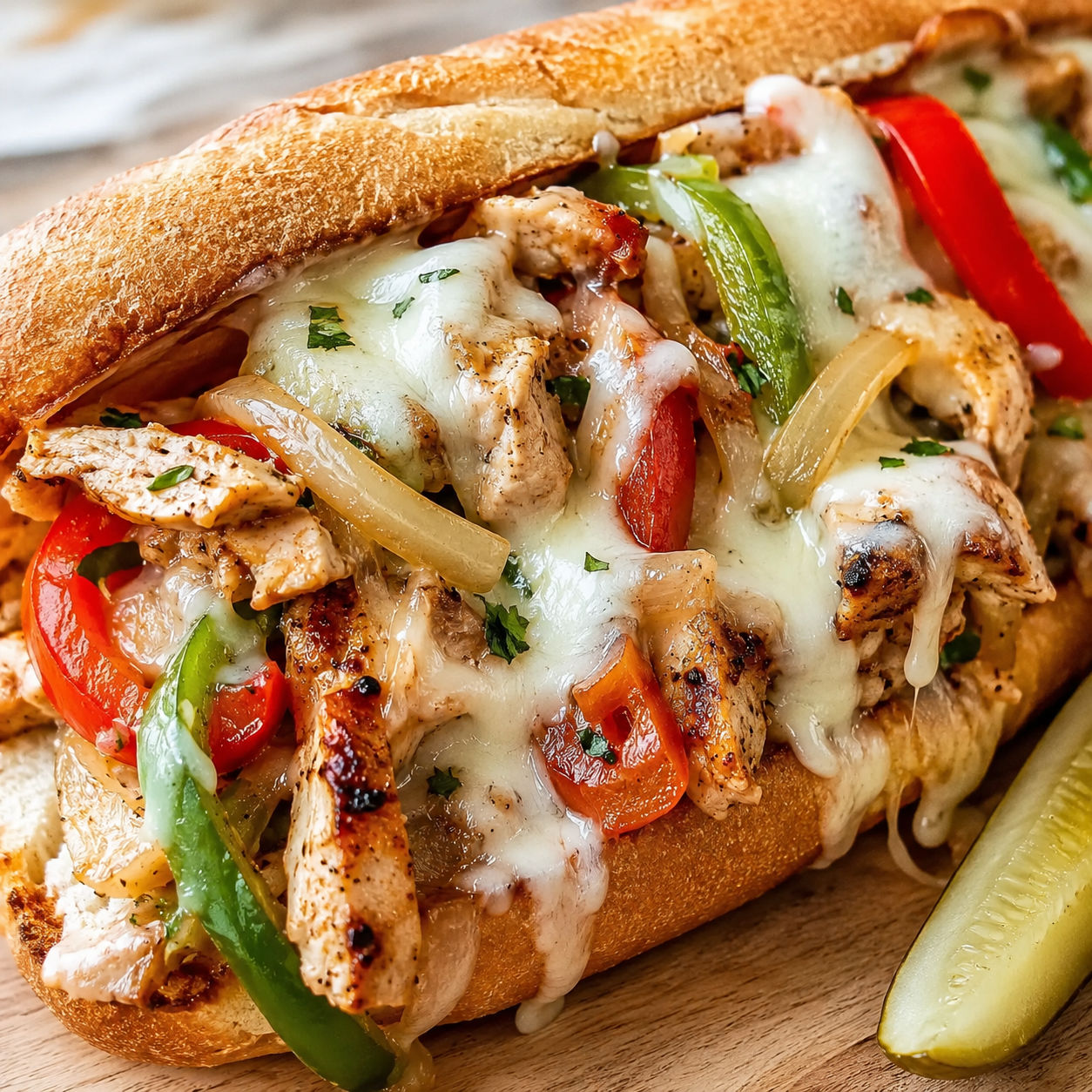 Chicken cheesesteak with peppers, onion, and melted provolone in a hoagie roll