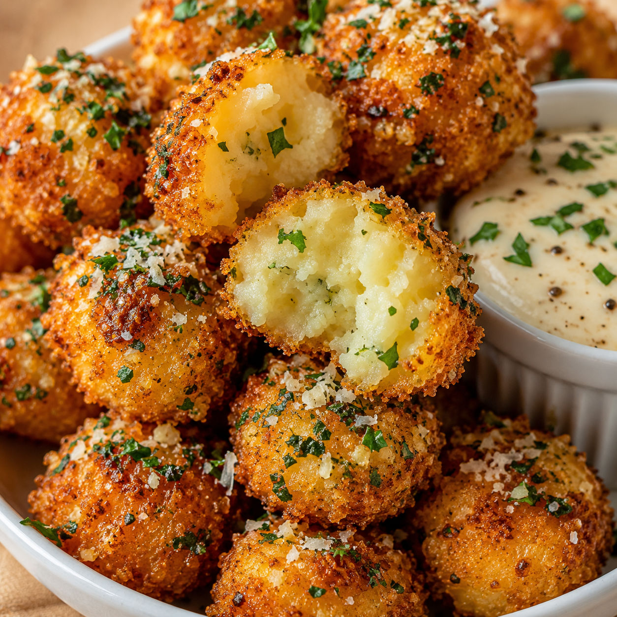 Golden garlic potato pops with parsley butter and creamy dip