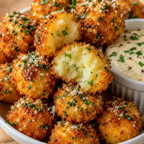 Golden garlic potato pops with parsley butter and creamy dip