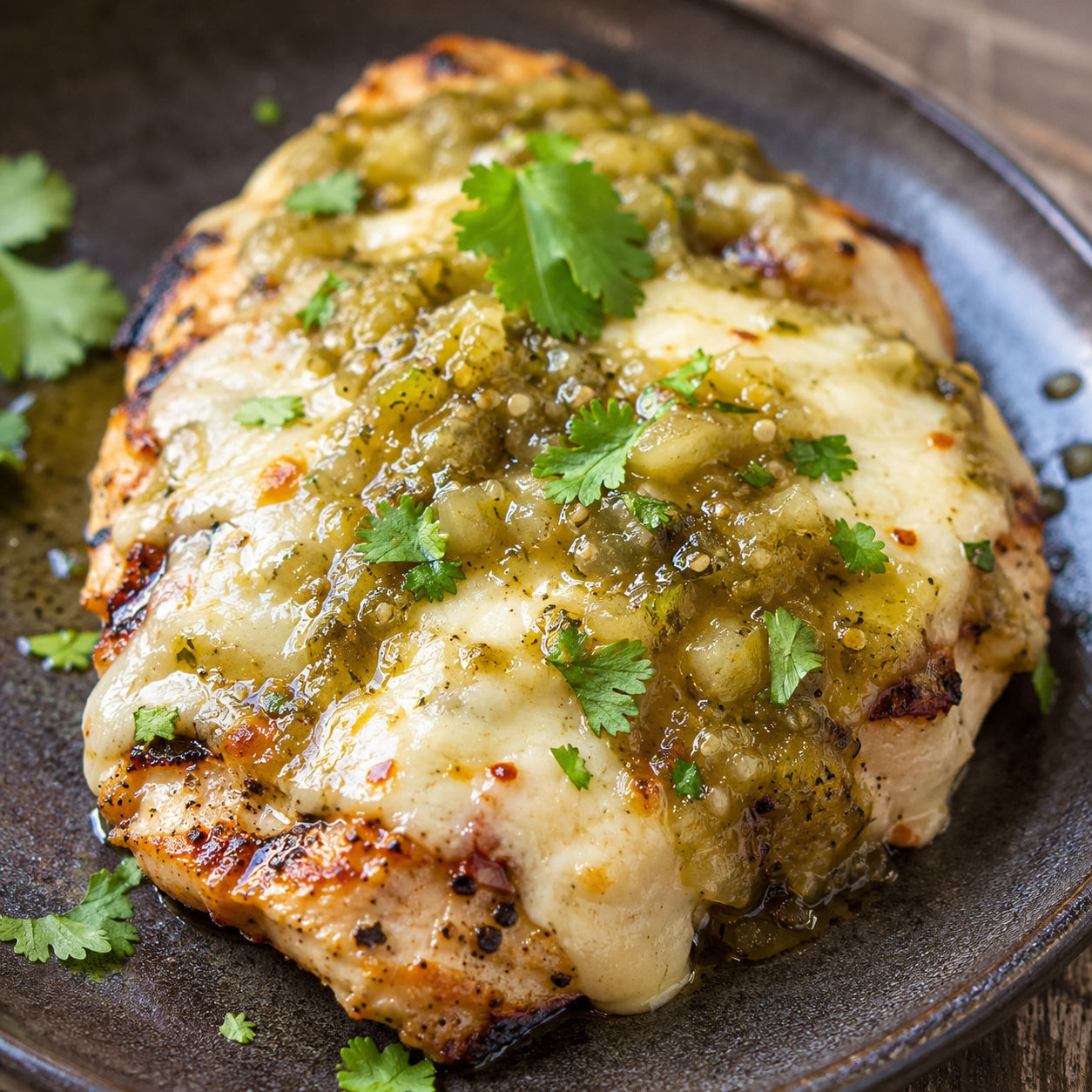 Grilled chicken breast topped with melted pepper jack cheese and chunky green salsa verde