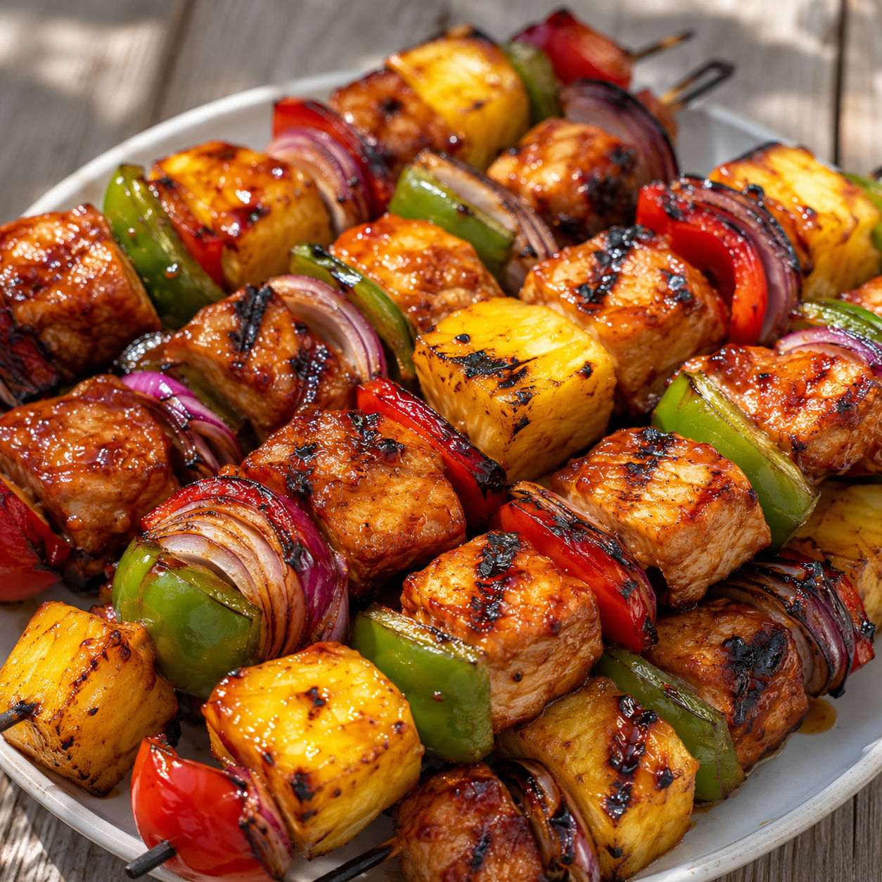 Grilled Hawaiian chicken pineapple kebabs with bell peppers and red onion on skewers