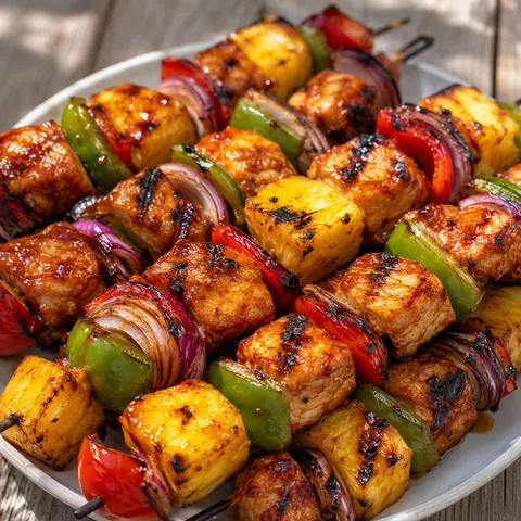 Grilled Hawaiian chicken pineapple kebabs with bell peppers and red onion on skewers