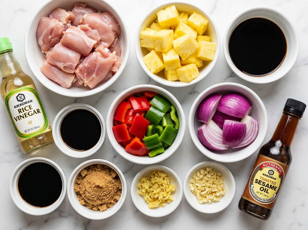 Raw chicken, pineapple, bell peppers, onion, and marinade ingredients on a wooden board