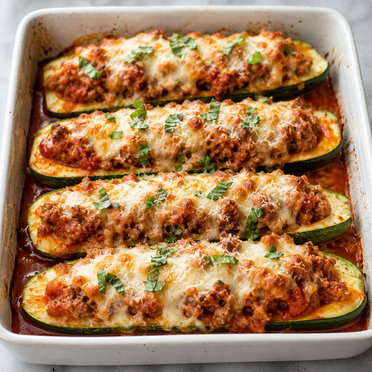 Italian sausage stuffed zucchini boats with melted cheese and basil