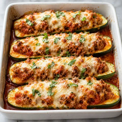 Italian sausage stuffed zucchini boats with melted cheese and basil