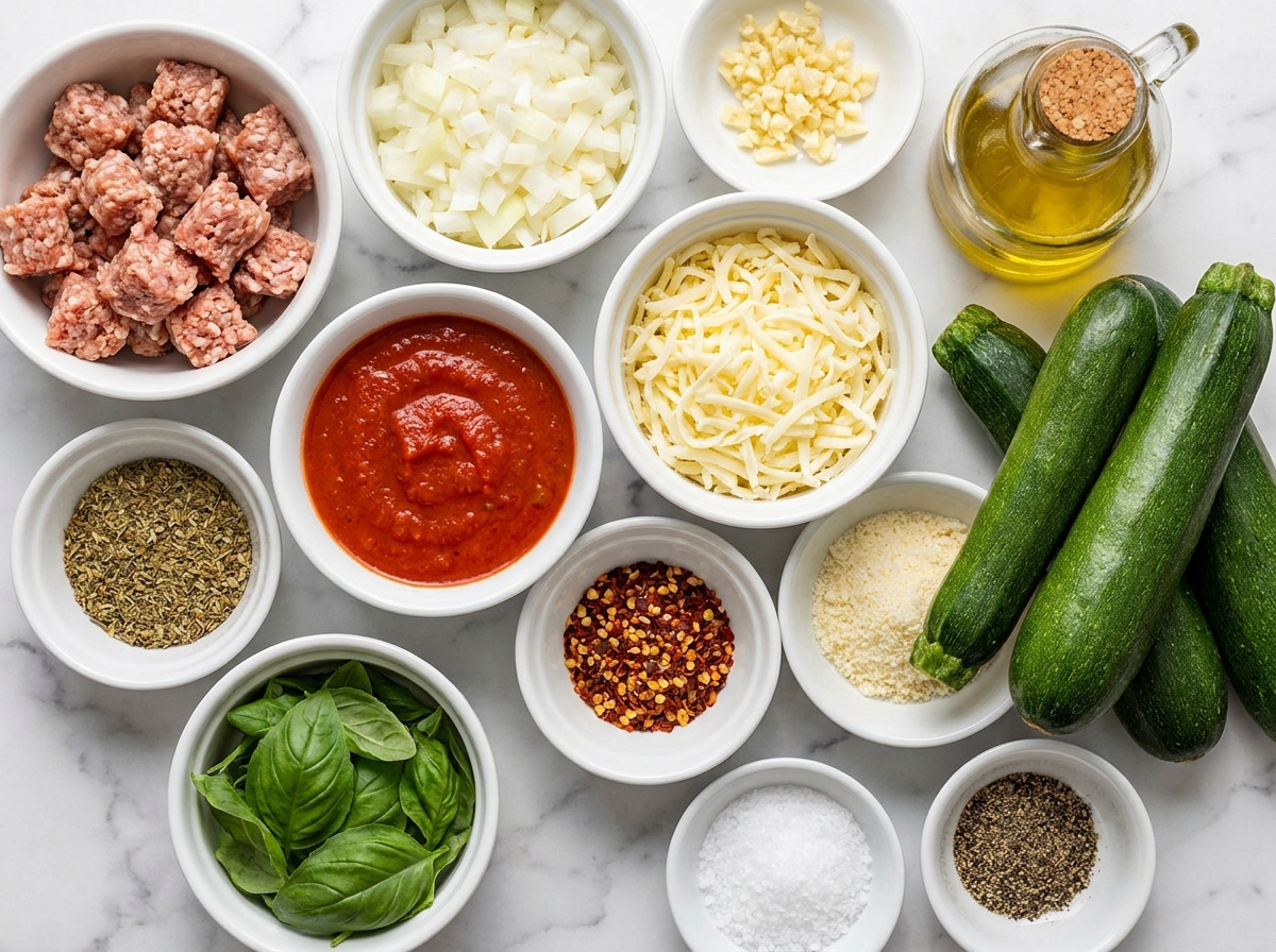 Ingredients for Italian sausage stuffed zucchini boats on a wooden surface