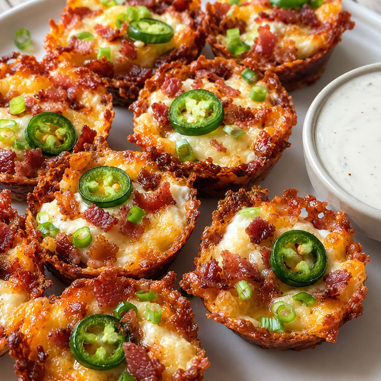 Keto jalapeno popper bites with bacon and green onion on a white plate