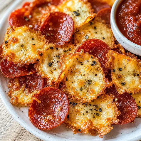 Pepperoni cheese chips with golden edges and marinara dip