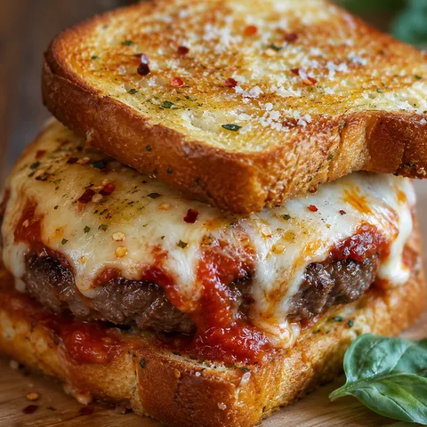Stuffed pizza burger with melted mozzarella and marinara on garlic Texas toast