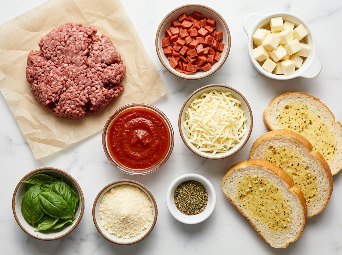 Raw ingredients for stuffed pizza burgers on a wooden counter