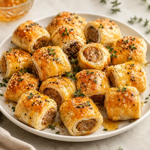 Sausage rolls with hot honey, thyme, and flaky golden pastry
