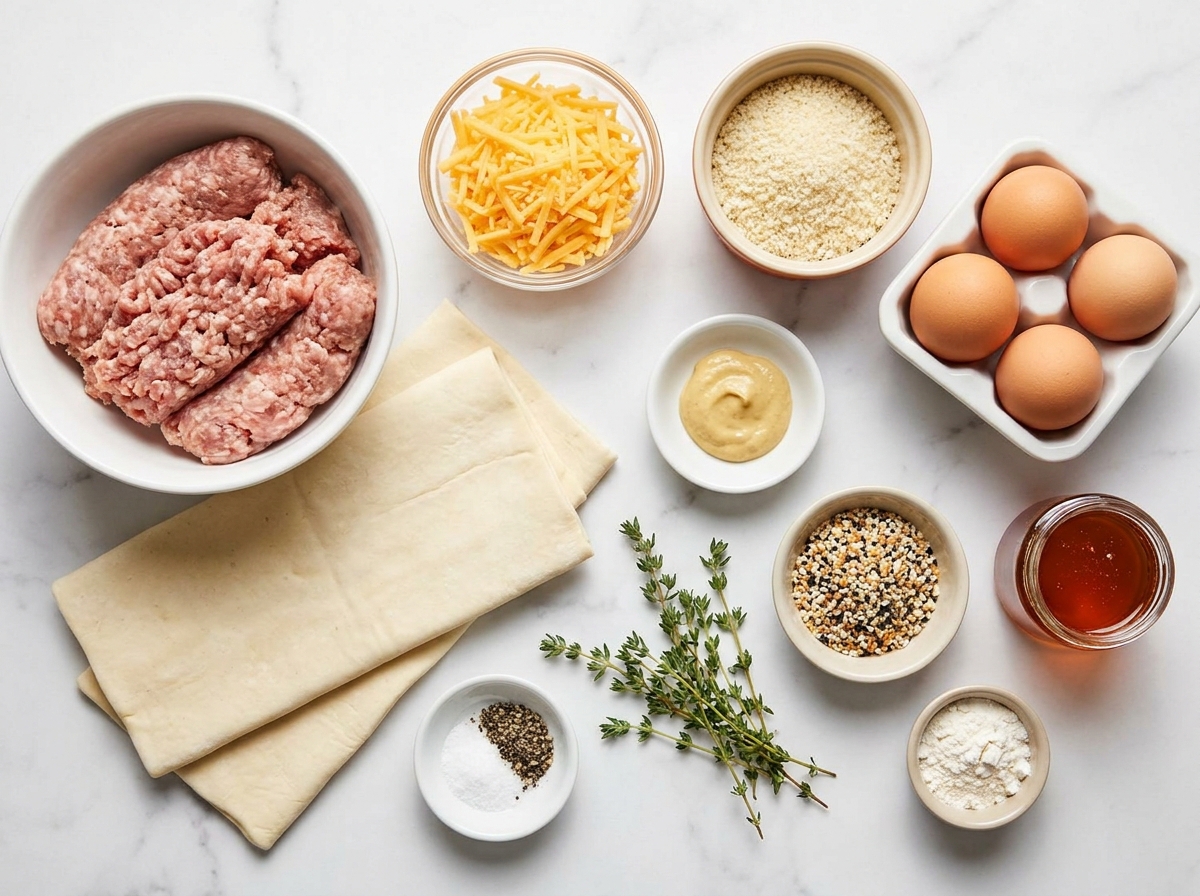 Ingredients for sausage rolls with puff pastry, sausage, thyme, and hot honey