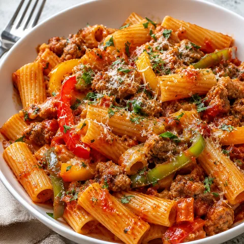Sausage and pepper rigatoni with tomato sauce, parmesan, and parsley