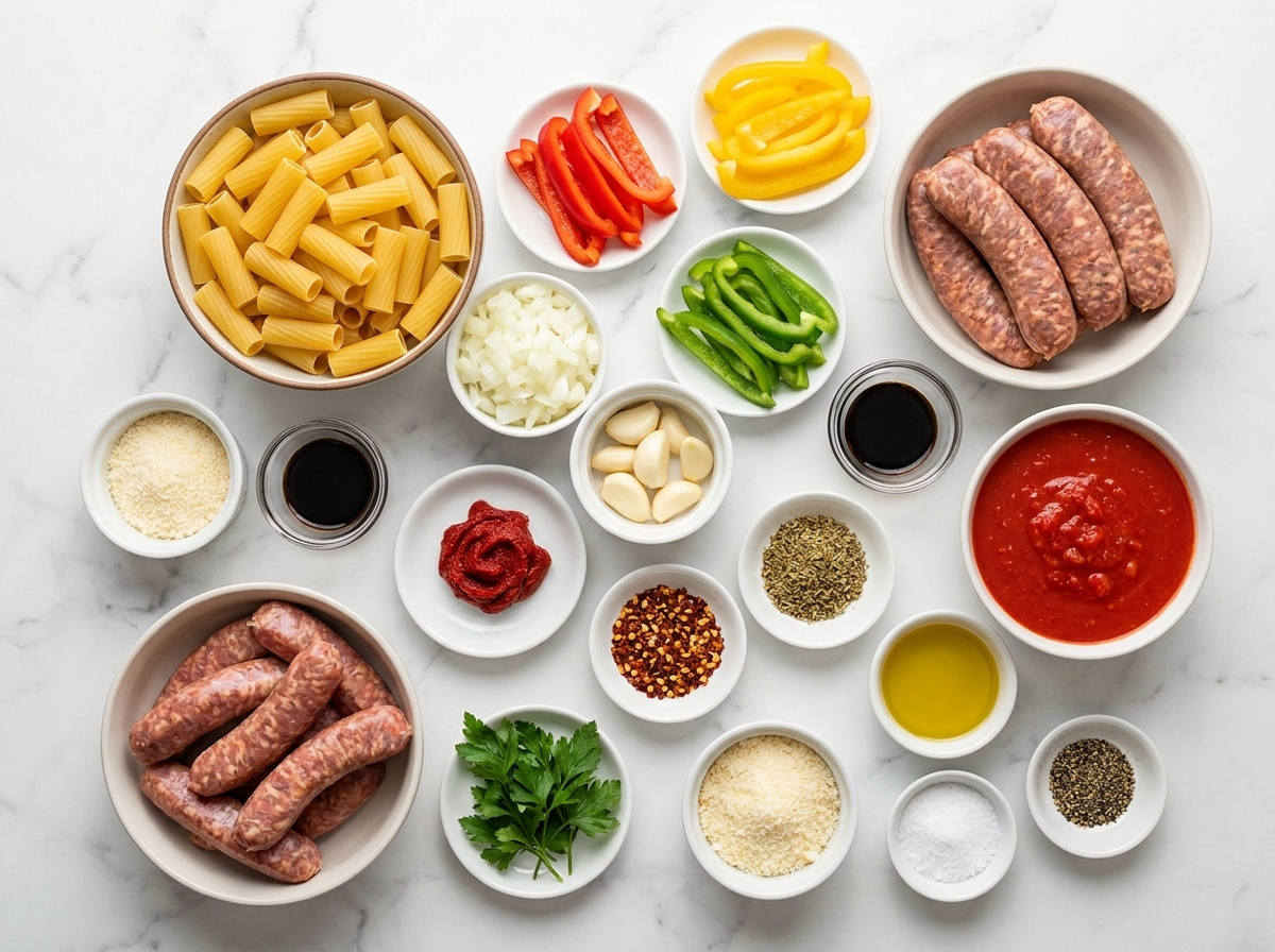 Ingredients for sausage and pepper pasta arranged on a wooden surface
