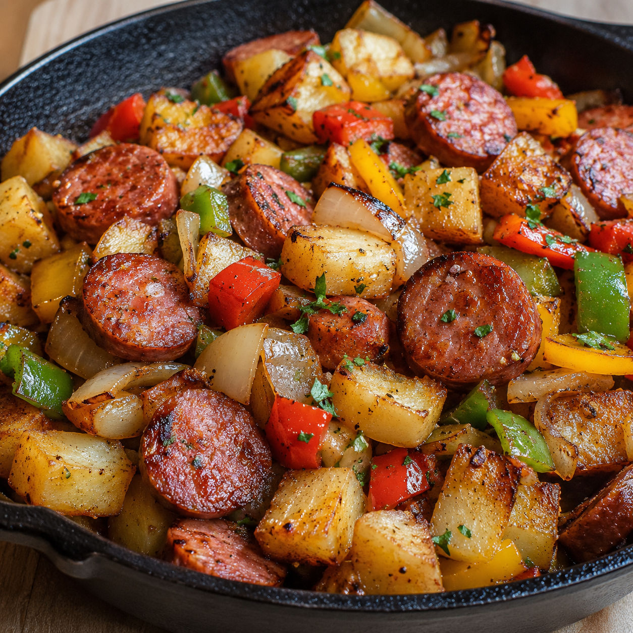 Smoked sausage and crispy potatoes skillet with peppers and onions in a cast-iron pan