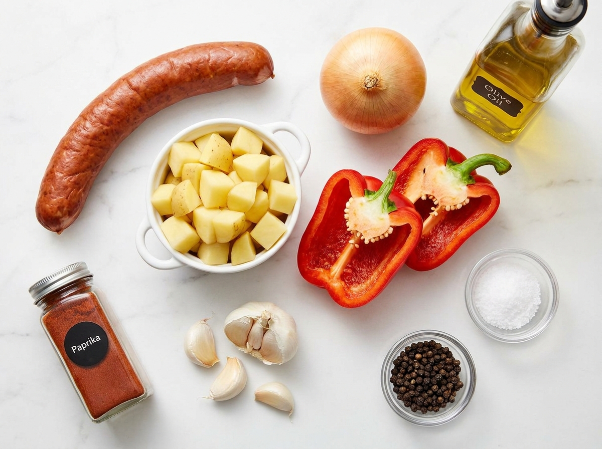 Raw ingredients for smoked sausage and potatoes skillet on a wooden board