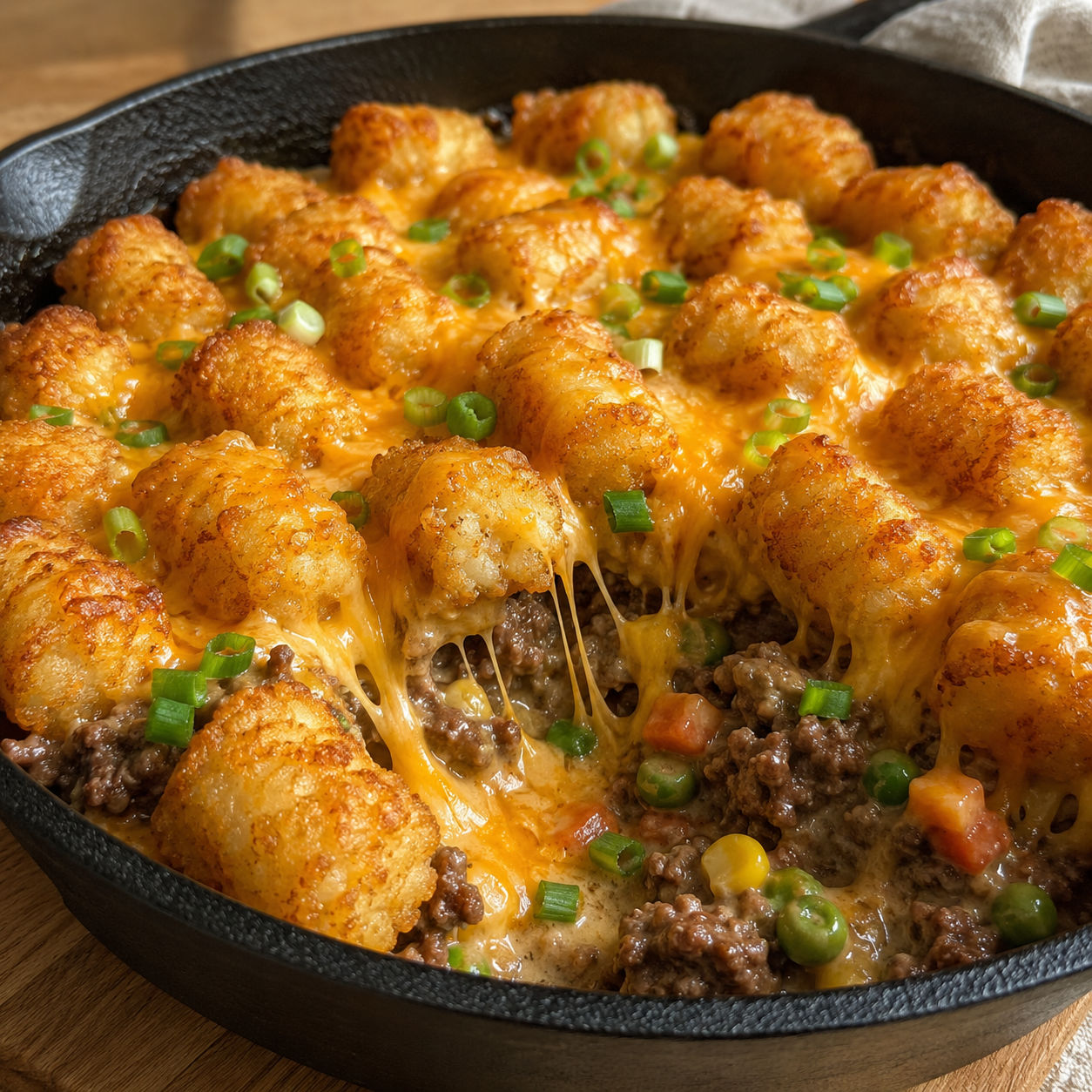 Cheesy tater tot beef skillet with golden tots and green onions