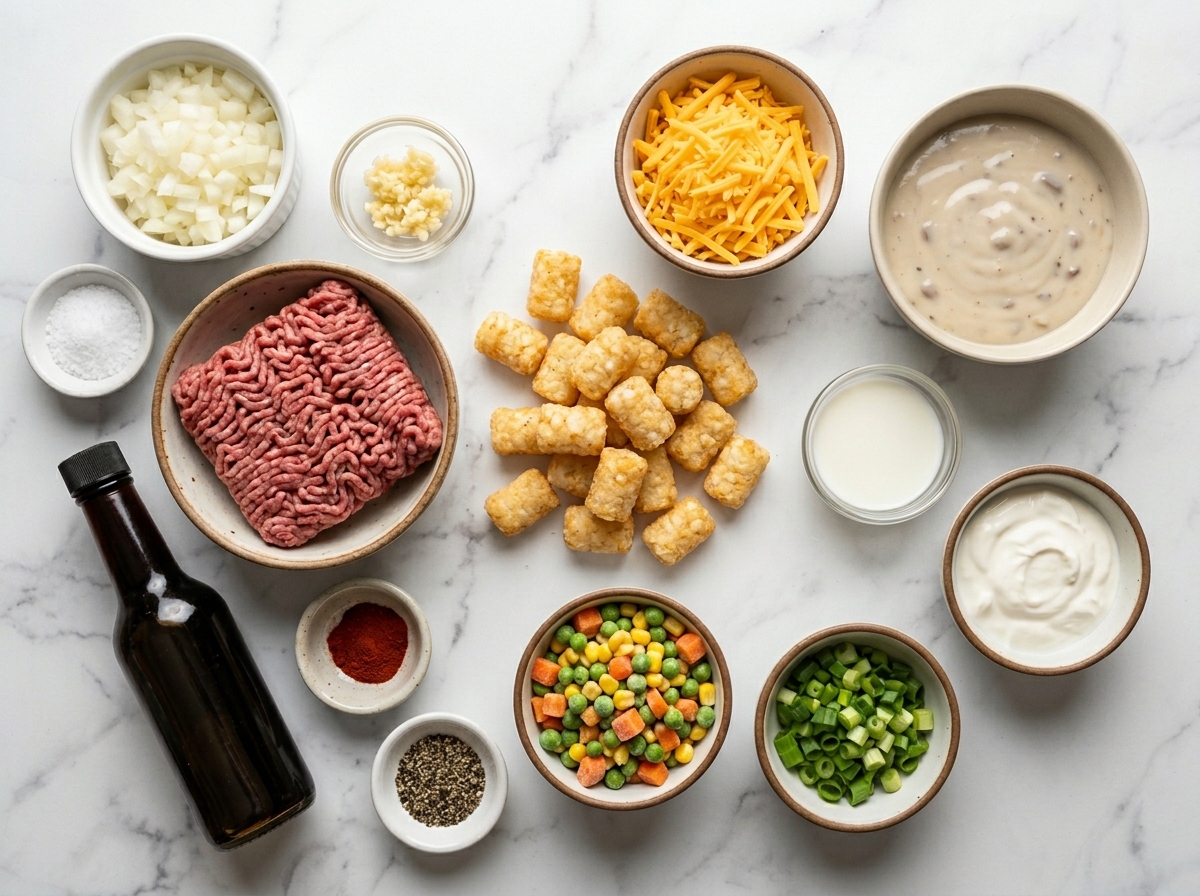 Ingredients for cheesy tater tot beef skillet on a wooden counter