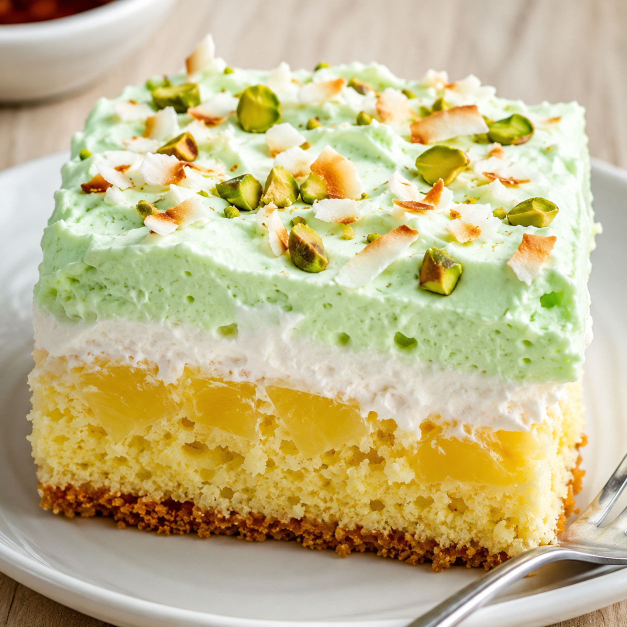 Tropical pistachio pineapple cake slice with whipped topping and pistachios