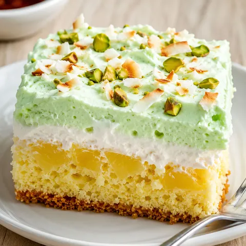 Tropical pistachio pineapple cake slice with whipped topping and pistachios