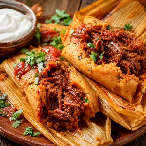 Beef tamales in corn husks with red chile filling and cilantro