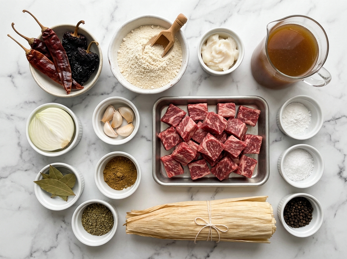 Ingredients for beef tamales with masa, chiles, beef, and corn husks