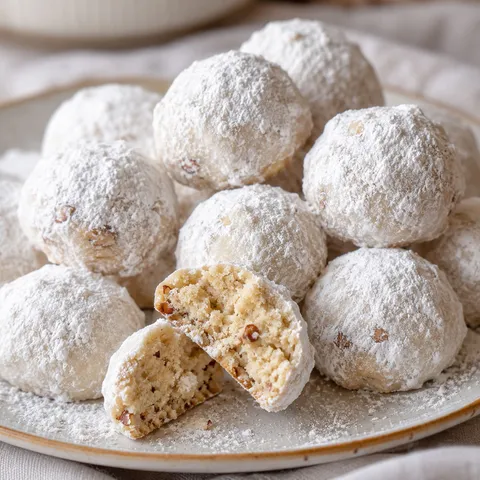 Pecan snowball cookies coated in powdered sugar with one broken open