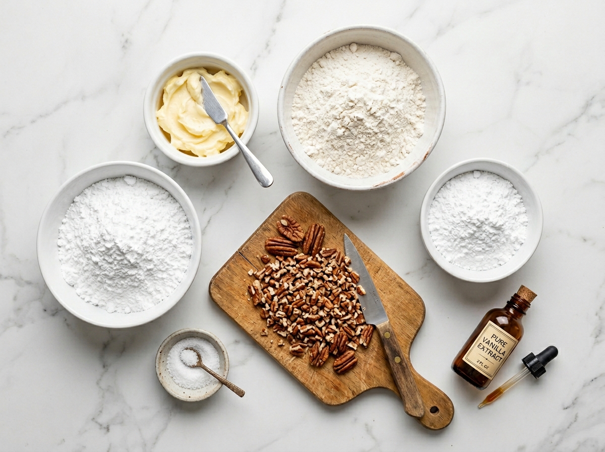 Butter, pecans, flour, vanilla, salt, and powdered sugar for snowball cookies