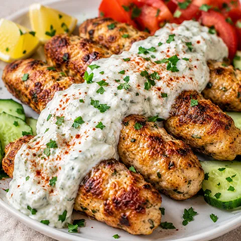 Chicken kofta with garlic yogurt sauce, parsley, lemon, and cucumber