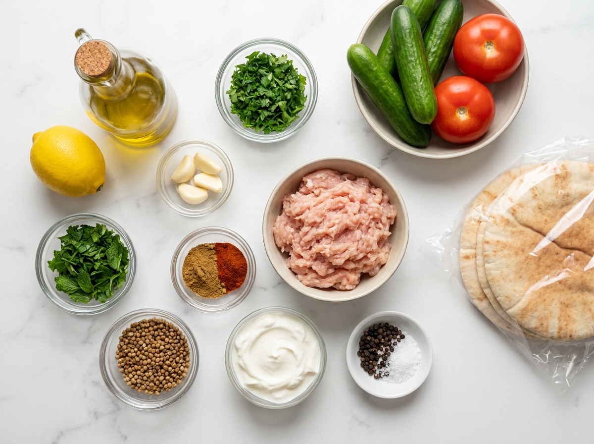Ingredients for chicken kofta with garlic yogurt sauce on a wooden surface