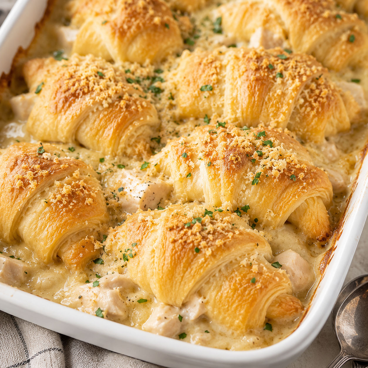 Tender chicken crescent rolls baked in creamy sauce with parsley