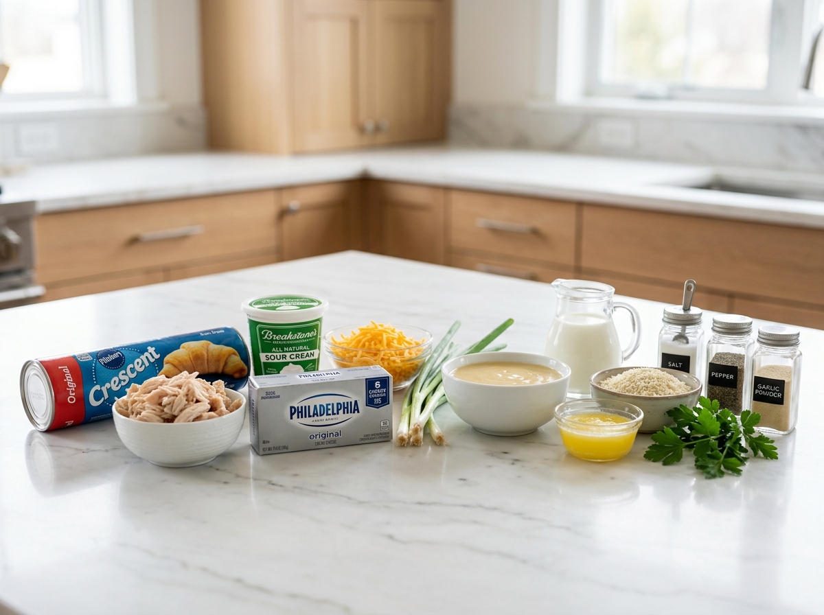 Ingredients for creamy chicken crescent rolls on a wooden counter