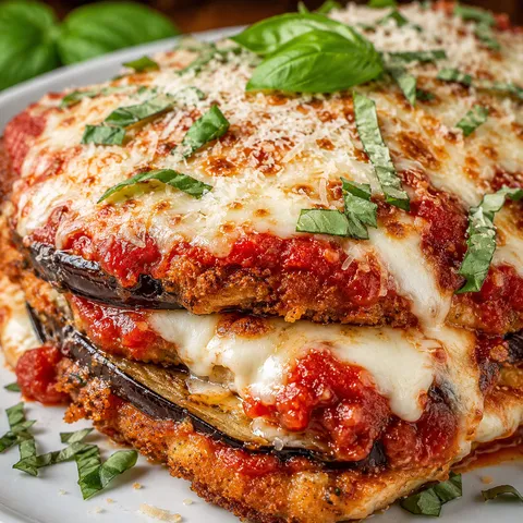 Chicken and eggplant Parmesan with marinara, melted mozzarella, and basil